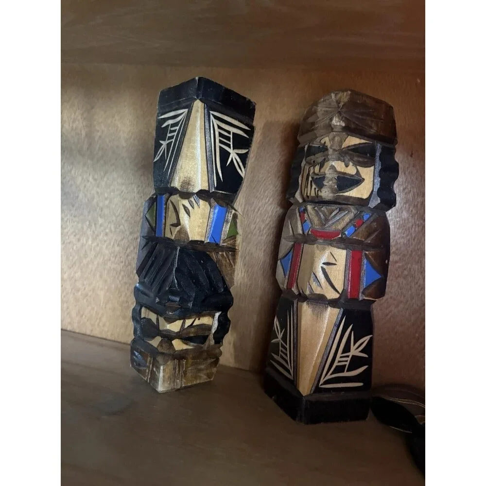 Japanese Wooden Ainu Nipopo Statue Vtg 2pc